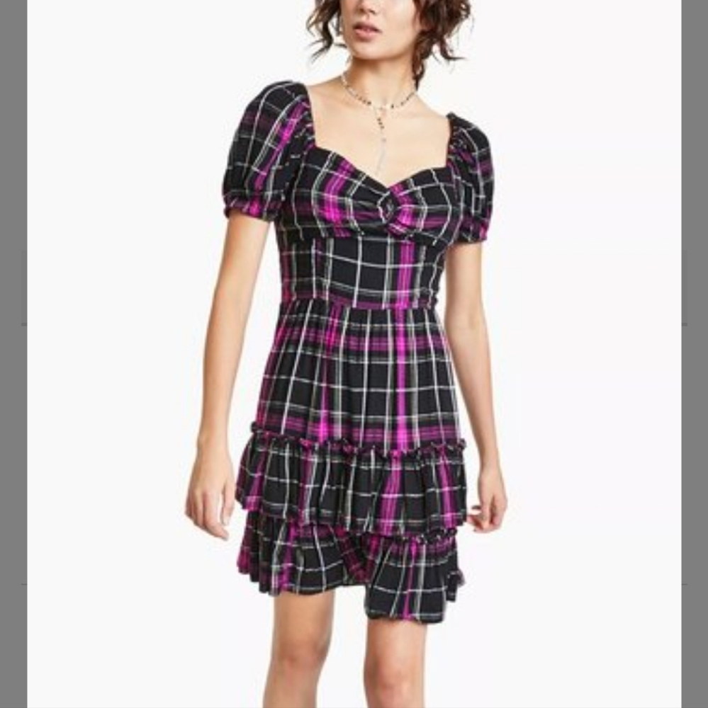 Bar III Black Smocked Plaid Pouf Sleeve Sweetheart Neckline Dress, Sizes M S